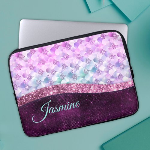 Mermaid skin pink silver faux glitter monogram laptop sleeve