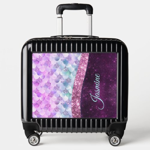Mermaid skin pink silver faux glitter monogram luggage