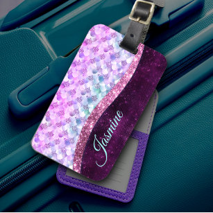 Mermaid skin pink silver faux glitter monogram luggage tag