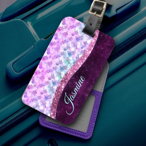 Mermaid skin pink silver faux glitter monogram luggage tag