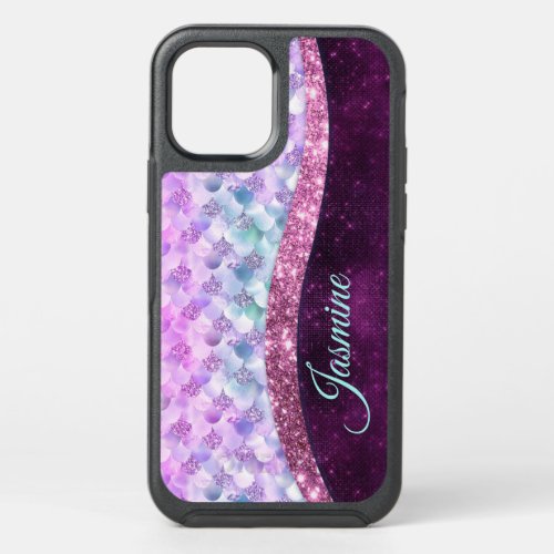 Mermaid skin pink silver faux glitter monogram OtterBox symmetry iPhone 12 pro case