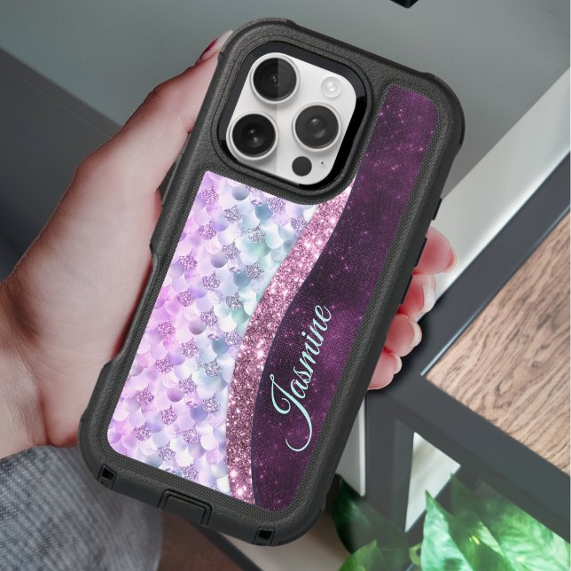 Mermaid skin pink silver faux glitter monogram otterbox iPhone case (Creator Uploaded)