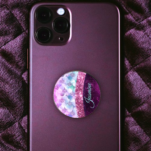 Mermaid skin pink silver faux glitter monogram PopSocket