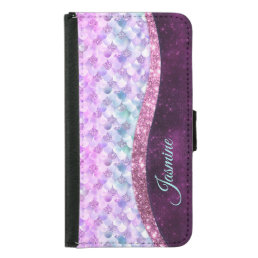 Mermaid skin pink silver faux glitter monogram samsung galaxy s5 wallet case