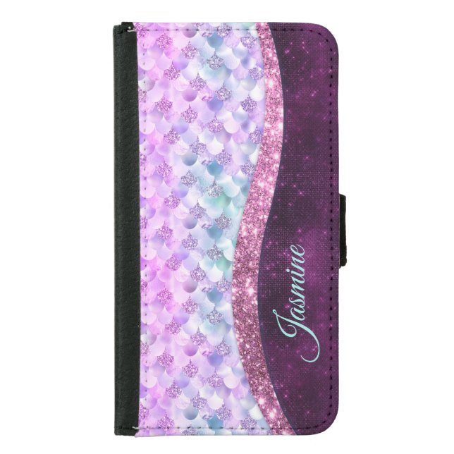 Mermaid skin pink silver faux glitter monogram samsung galaxy wallet case (Front)