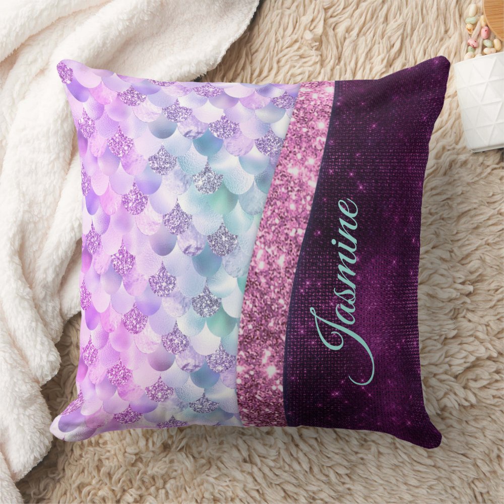 Mermaid skin pink silver faux glitter monogram pillow covers