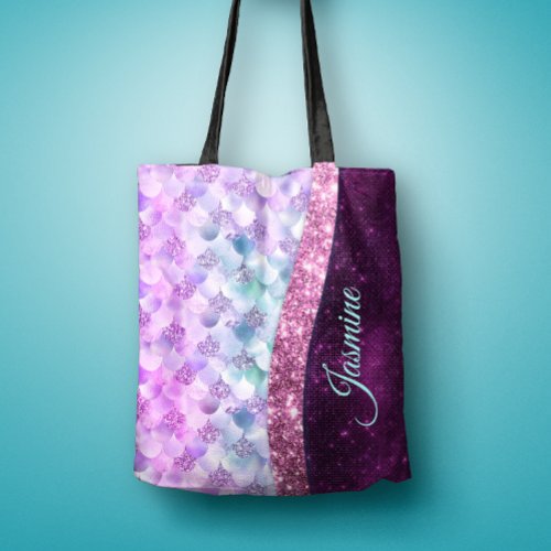 Mermaid skin pink silver faux glitter monogram tote bag