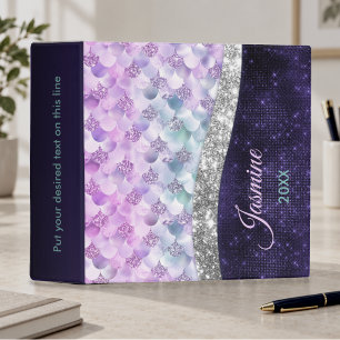 Mermaid skin purple silver faux glitter monogram 3 ring binder