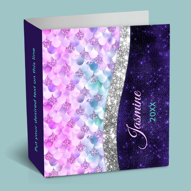 Mermaid skin purple silver faux glitter monogram 3 ring binder (Creator Uploaded)