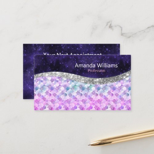 Mermaid skin purple silver faux glitter monogram appointment card