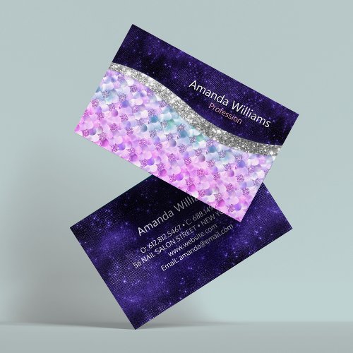 Mermaid skin purple silver faux glitter monogram business card