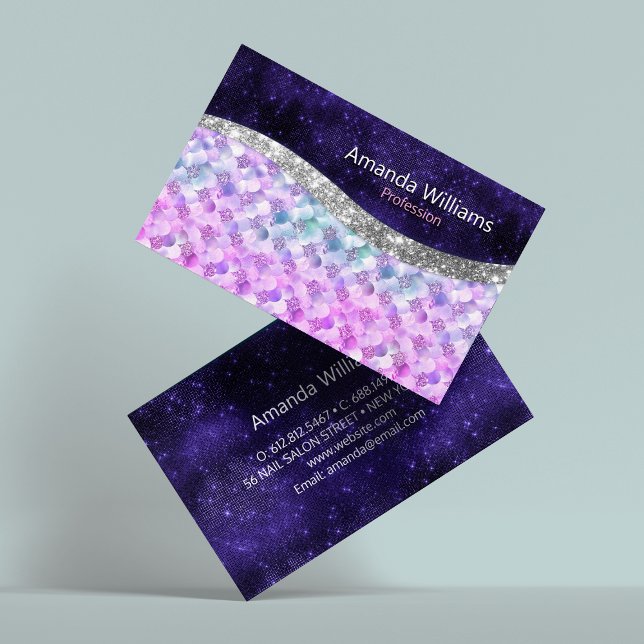 Mermaid skin purple silver faux glitter monogram business card (Creator Uploaded)