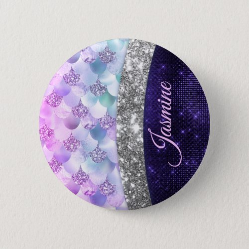 Mermaid skin purple silver faux glitter monogram button
