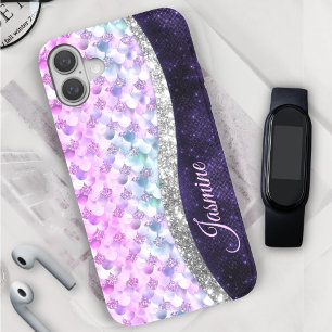 Mermaid skin purple silver faux glitter monogram iPhone 16 case