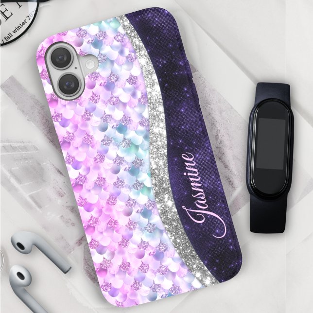 Mermaid skin purple silver faux glitter monogram Case-Mate iPhone case (Creator Uploaded)