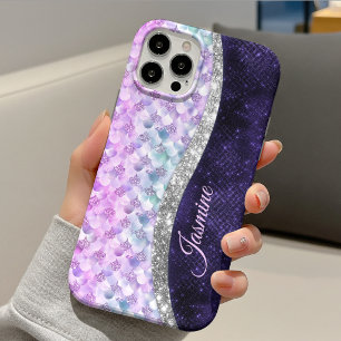Mermaid skin purple silver faux glitter monogram iPhone 13 case