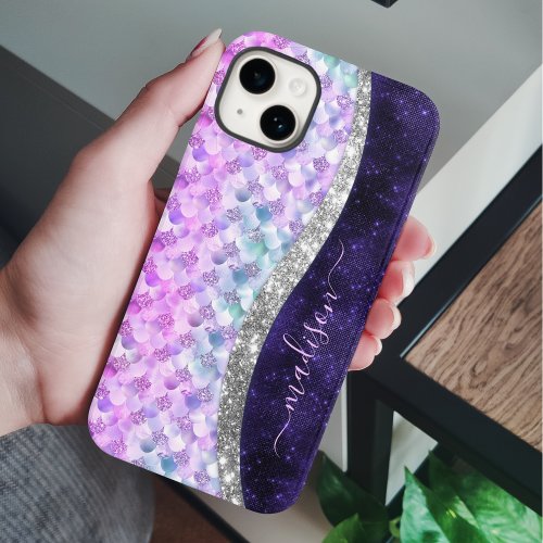 Mermaid skin purple silver faux glitter monogram iPhone 15 case