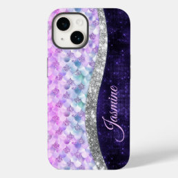 Mermaid skin purple silver faux glitter monogram Case-Mate iPhone 14 case