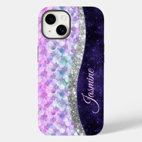 Mermaid skin purple silver faux glitter monogram Case_Mate iPhone 14 case