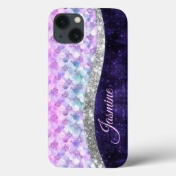 Mermaid skin purple silver faux glitter monogram iPhone 13 case