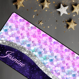 Mermaid skin purple silver faux glitter monogram desk mat