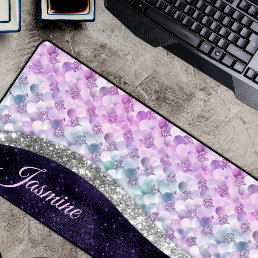 Mermaid skin purple silver faux glitter monogram desk mat