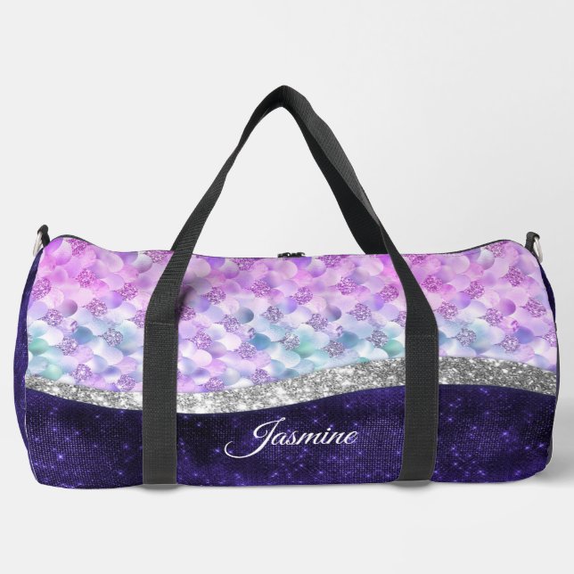 Mermaid skin purple silver faux glitter monogram  duffle bag (Front)