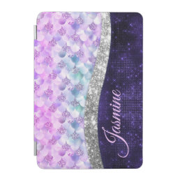 Mermaid skin purple silver faux glitter monogram i iPad mini cover