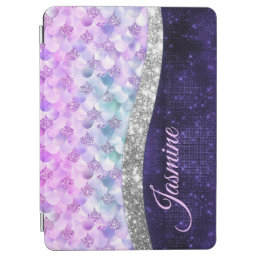 Mermaid skin purple silver faux glitter monogram iPad air cover