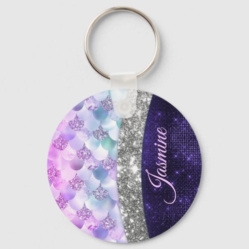 Mermaid skin purple silver faux glitter monogram keychain