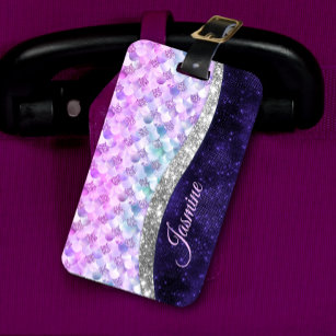 Mermaid skin purple silver faux glitter monogram luggage tag