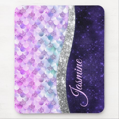 Mermaid skin purple silver faux glitter monogram mouse pad