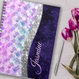 Mermaid skin purple silver faux glitter monogram notebook