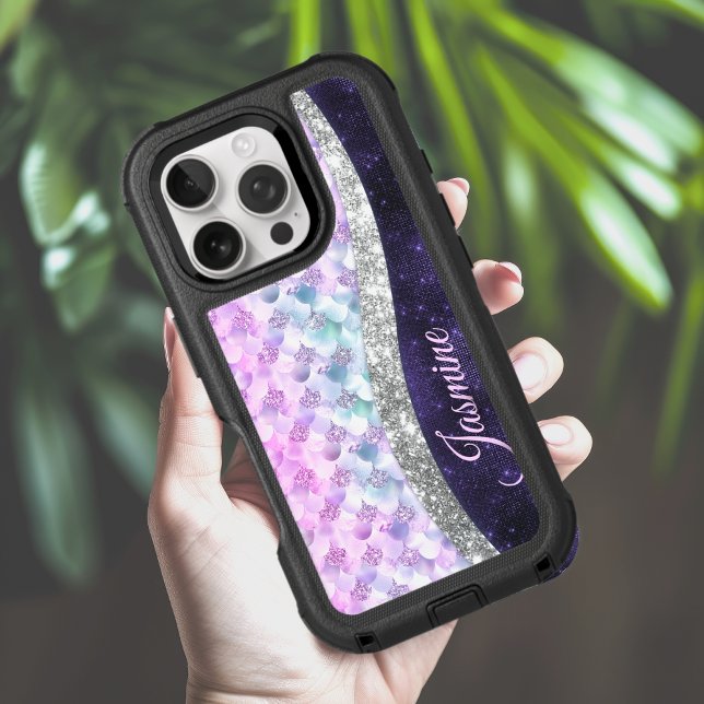 Mermaid skin purple silver faux glitter monogram otterbox iPhone case (Creator Uploaded)