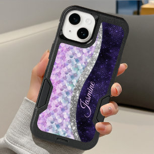 Mermaid skin purple silver faux glitter monogram OtterBox iPhone 14 case