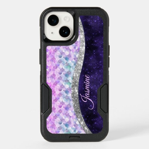 Mermaid skin purple silver faux glitter monogram OtterBox iPhone 14 case