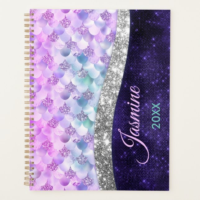 Mermaid skin purple silver faux glitter monogram planner (Front)