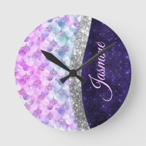 Mermaid skin purple silver faux glitter monogram round clock