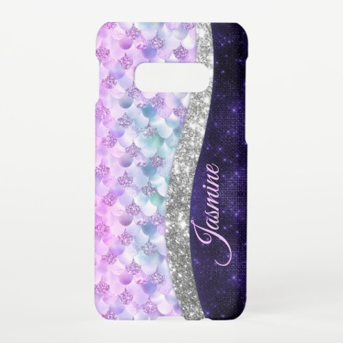 Mermaid skin purple silver faux glitter monogram samsung galaxy S10E case