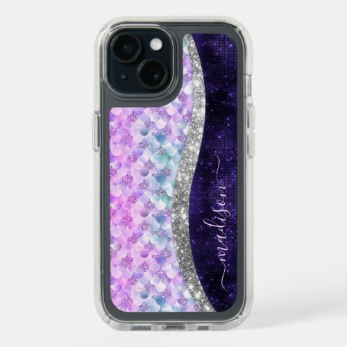 Mermaid skin purple silver faux glitter monogram iPhone 15 case