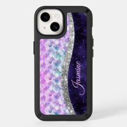 Mermaid skin purple silver faux glitter monogram speck iPhone 14 case