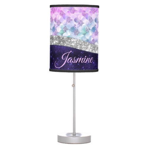 Mermaid skin purple silver faux glitter monogram table lamp