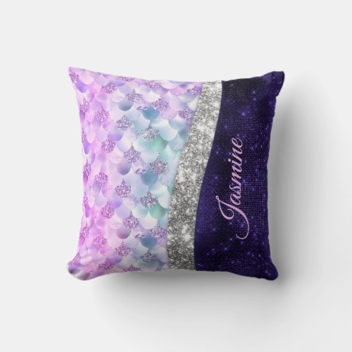 Mermaid skin purple silver faux glitter monogram throw pillow