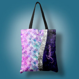 Mermaid skin purple silver faux glitter monogram tote bag