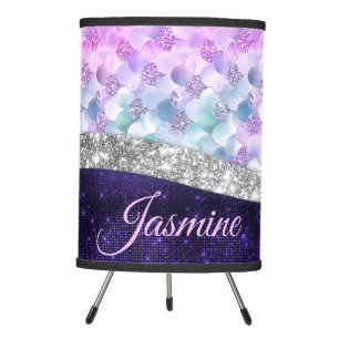 Mermaid skin purple silver faux glitter monogram tripod lamp