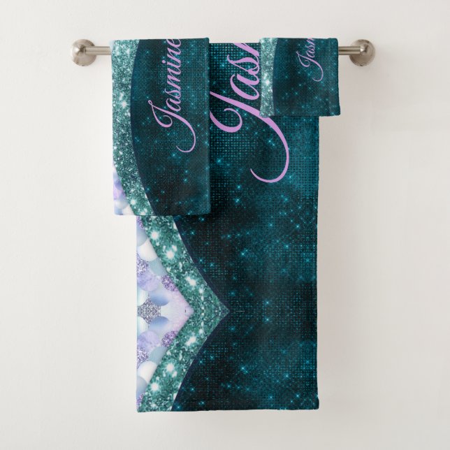 Mermaid skin teal silver faux glitter monogram bath towel set (Insitu)