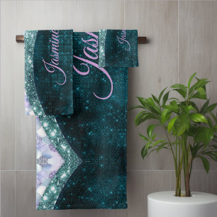 Mermaid skin teal silver faux glitter monogram bath towel set