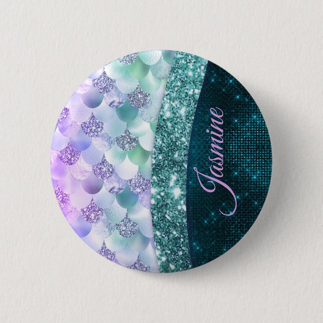 Mermaid skin teal silver faux glitter monogram button (Front)