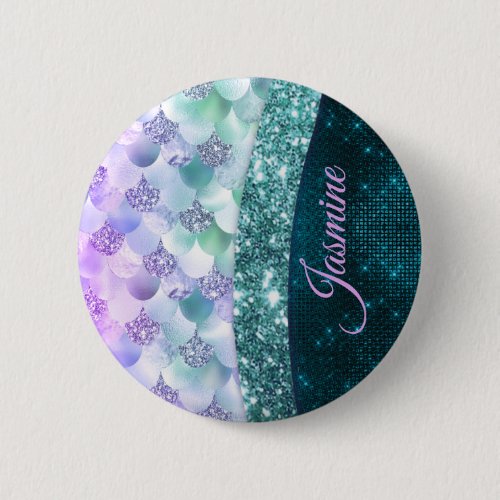 Mermaid skin teal silver faux glitter monogram button