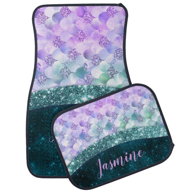Mermaid skin teal silver faux glitter monogram  car floor mat (Set)
